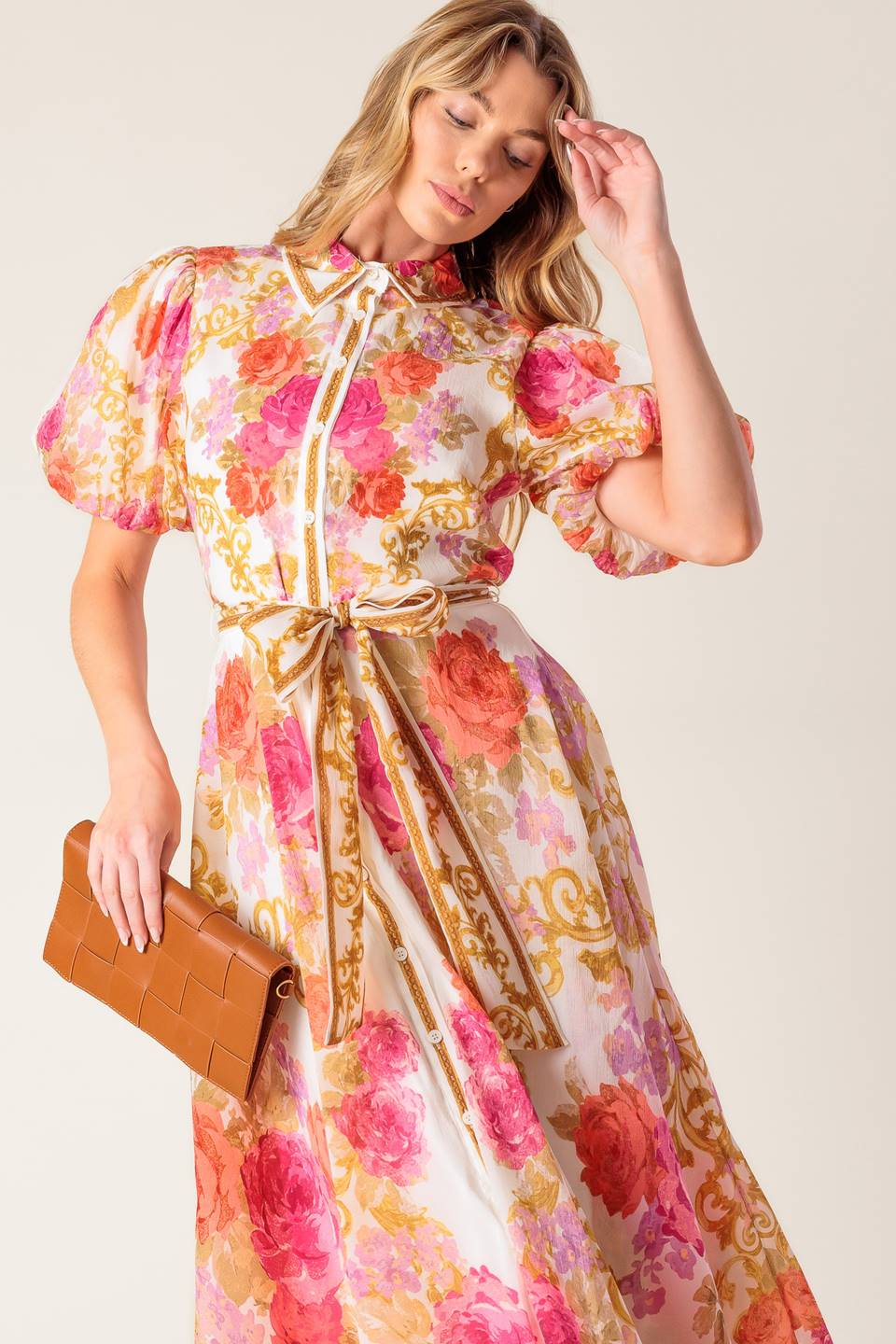MAKING IT RIGHT IVORY FLORAL WOVEN MIDI DRESS Flying Tomato